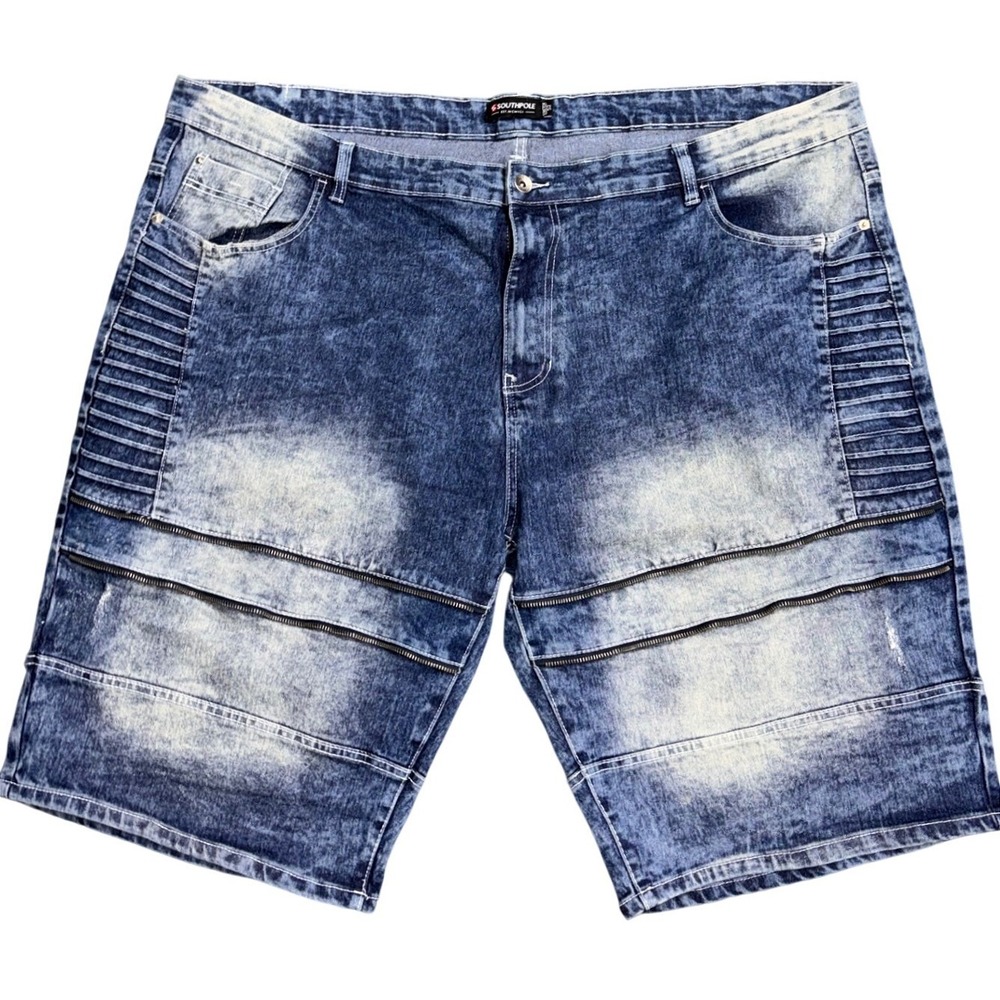 Southpole‎ Mens Blue Acid Wash Biker Denim Shorts Moto Ribbed Zippers Size 52